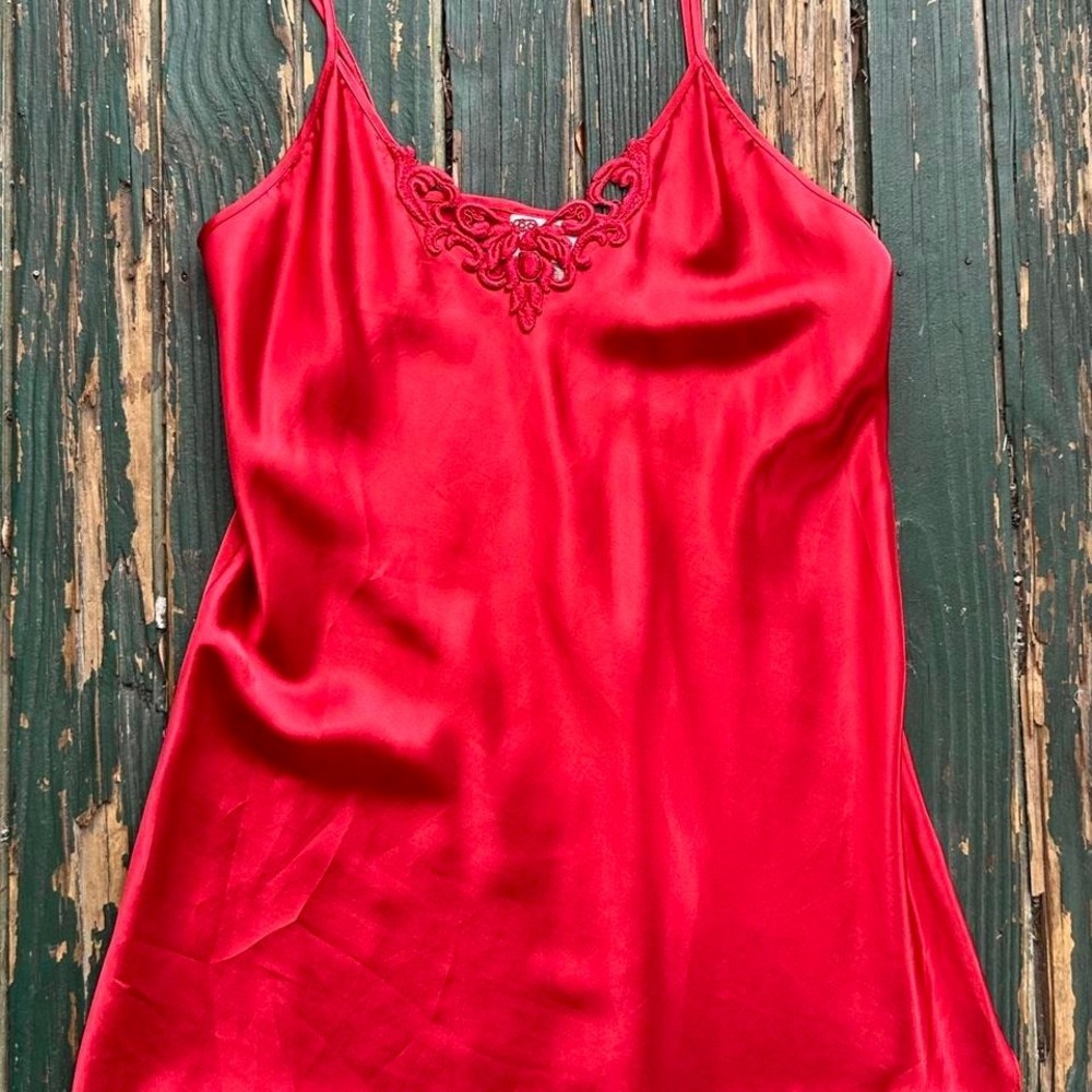 Red silk lingerie slip dress with lace